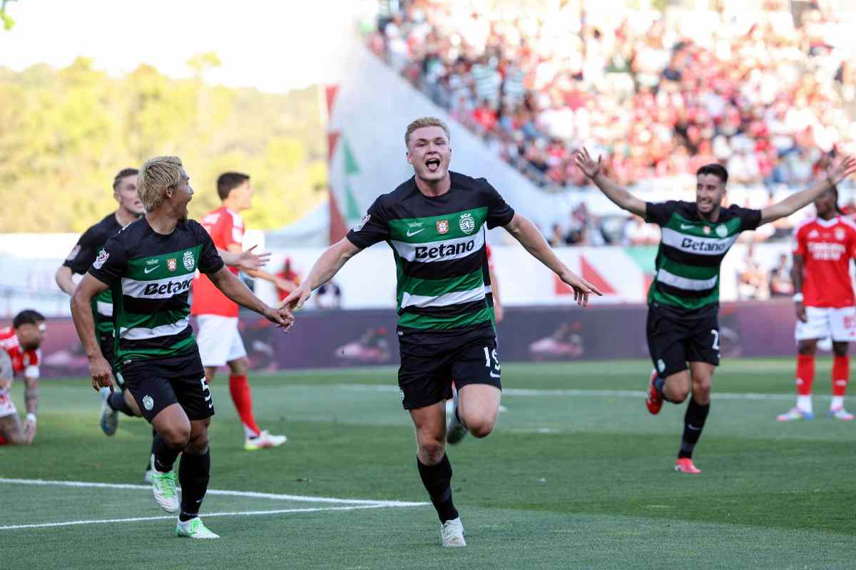 Conrad Harder esulta con i compagni dello Sporting
