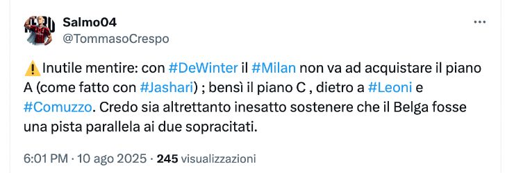 post su X su Leoni al Milan
