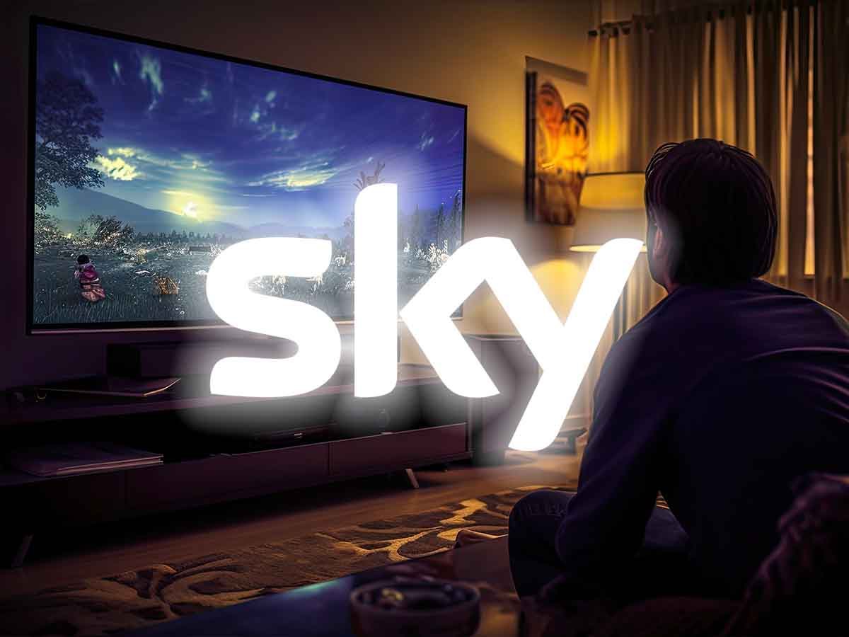 logo Sky davanti a un televisore acceso